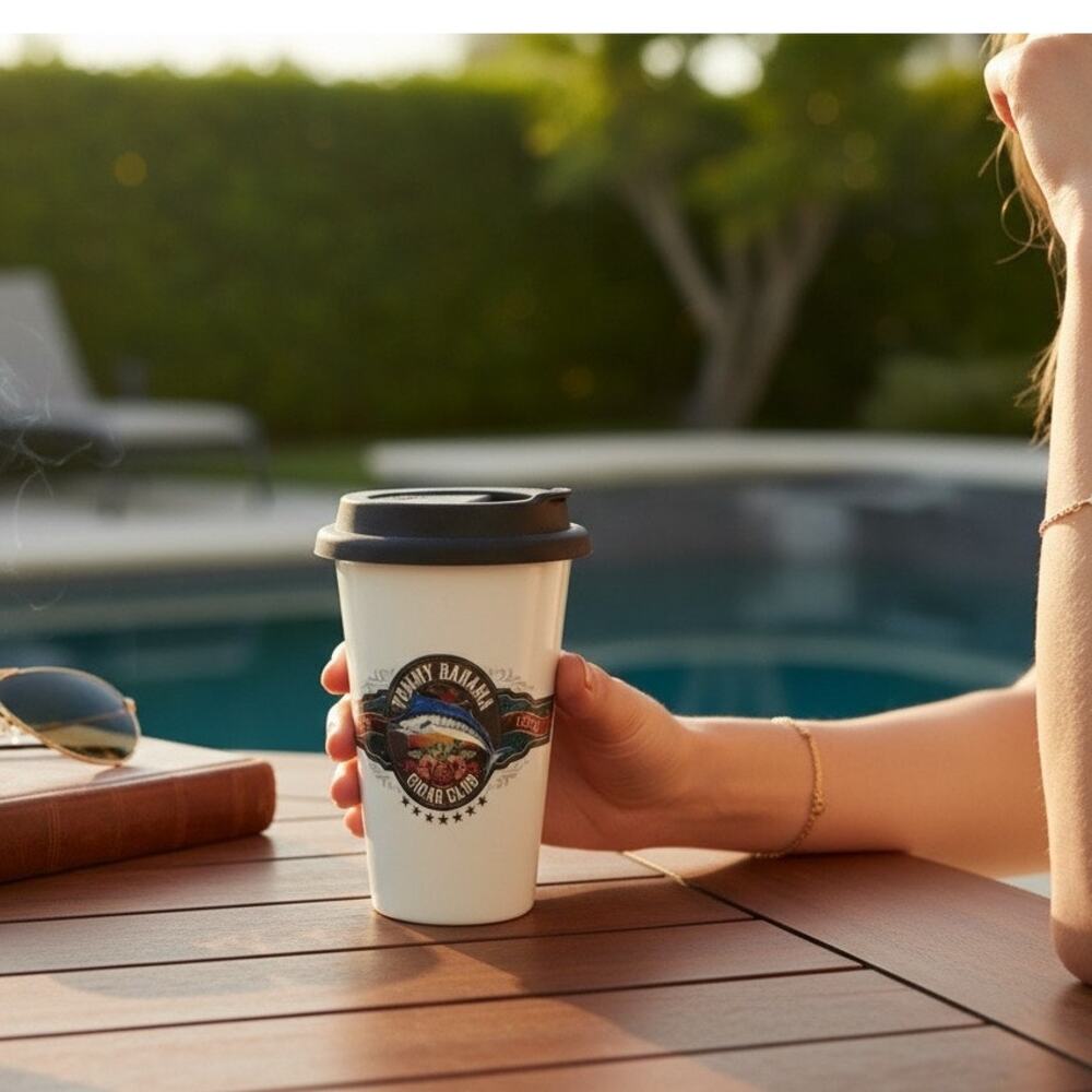 Tommy Bahama Cigar Club Vintage Ceramic Travel Mug – Soft Lid Coffee Cup